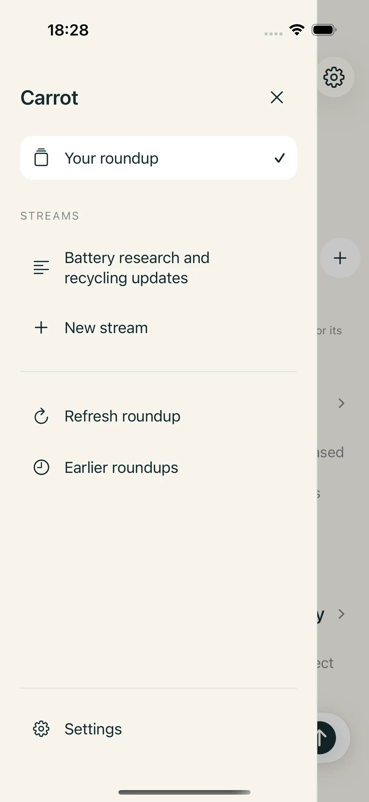 Carrot navigation drawer with the roundup, a saved stream and the new-stream option.