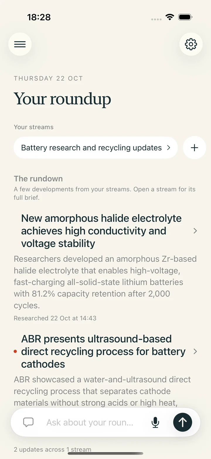Current Carrot alpha: your streams above a rundown, with story summaries and a floating question bar.