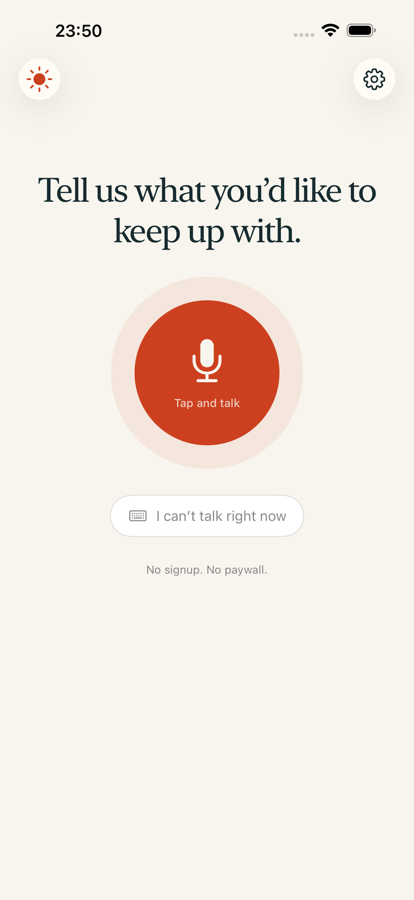 Voice-first onboarding with a large microphone and an option to type.